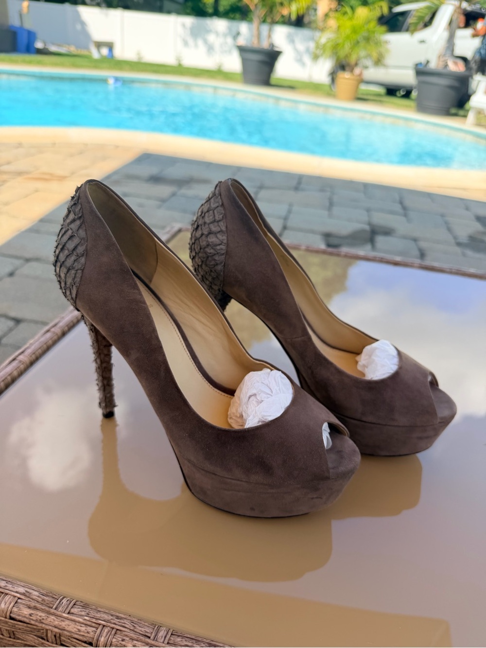 Brian Atwood Brown Suede Peep-Toe Platform Pumps 9